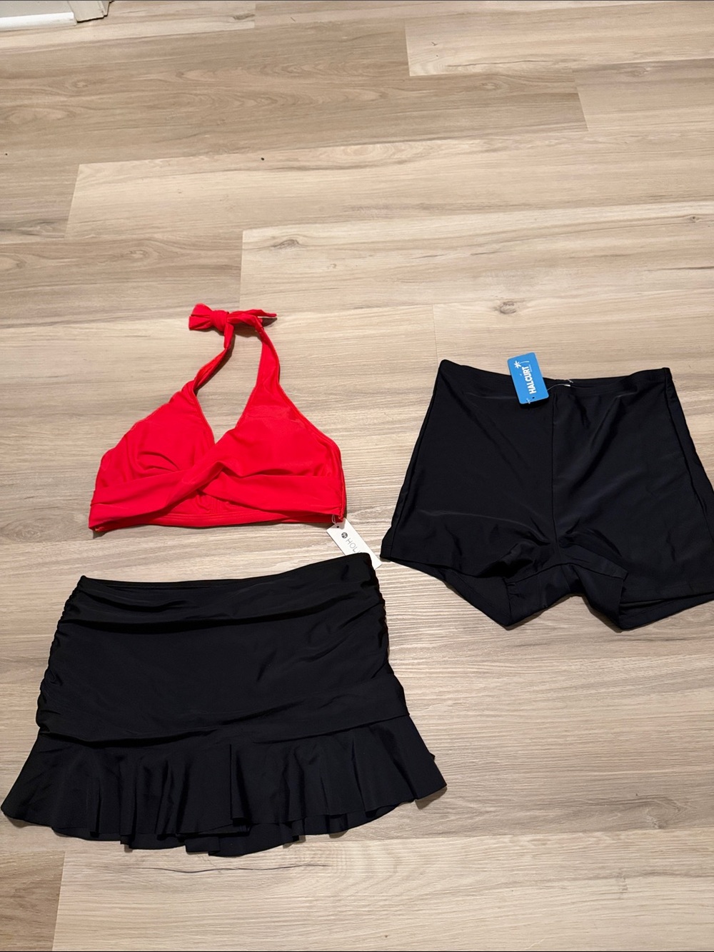 Red Halter Bikini Top with Black Skirt & Swim Shorts - Women's Swim Set